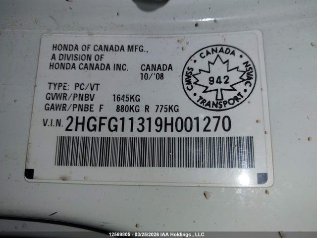 Aukcja sprzedaży 2009 Honda Civic Dx-g, vin: 2HGFG11319H001270, numer aukcji: 12569805
