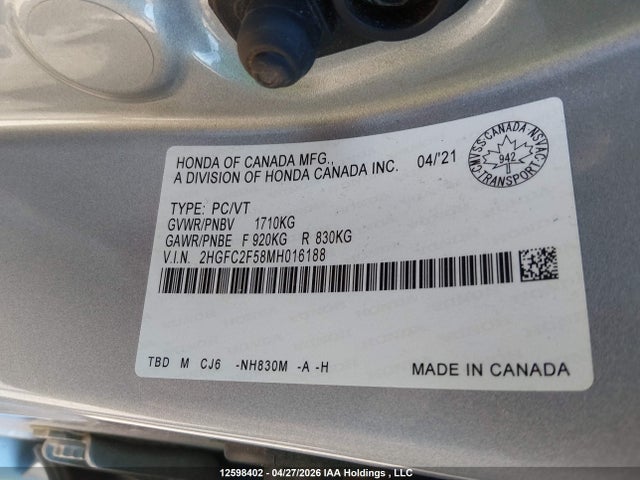 Honda Civic Lx 2021 2HGFC2F58MH016188 Image 9
