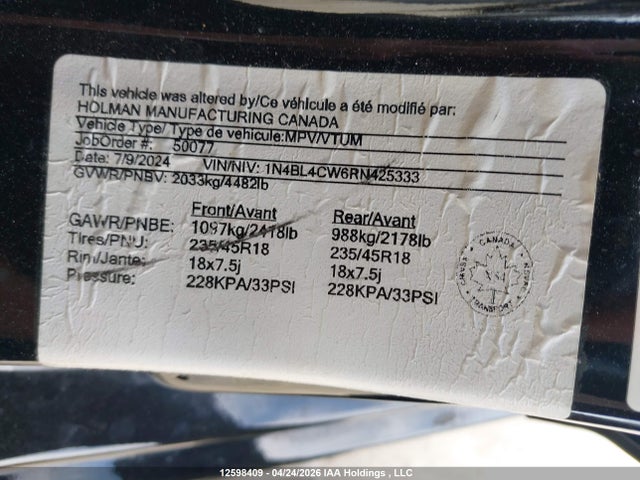 Продажа на аукционе авто 2024 Nissan Altima Sr, vin: 1N4BL4CW6RN425333, номер лота: 12598409