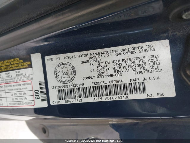 12598415 :رقم المزاد ، 5TETX22N97Z420198 vin ، 2007 Toyota Tacoma Access Cab مزاد بيع