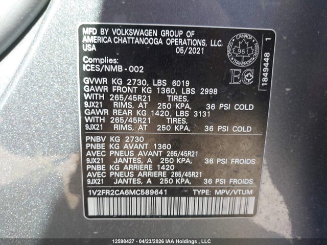 Aukcja sprzedaży 2021 Volkswagen Atlas Sel Premium R-line, vin: 1V2FR2CA6MC589641, numer aukcji: 12598427