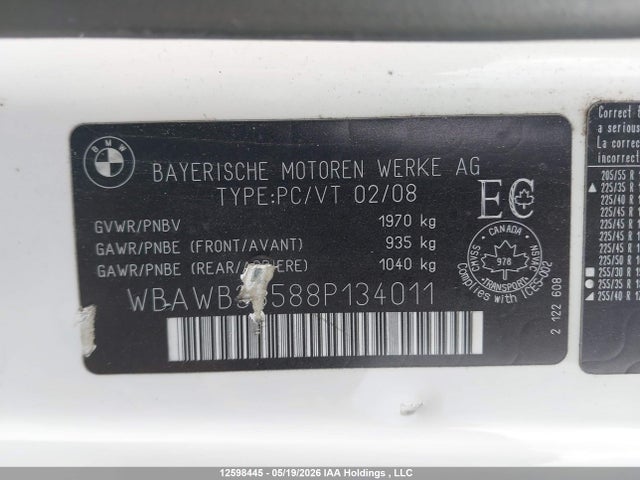 12598445 :رقم المزاد ، WBAWB33588P134011 vin ، 2008 Bmw 328i مزاد بيع