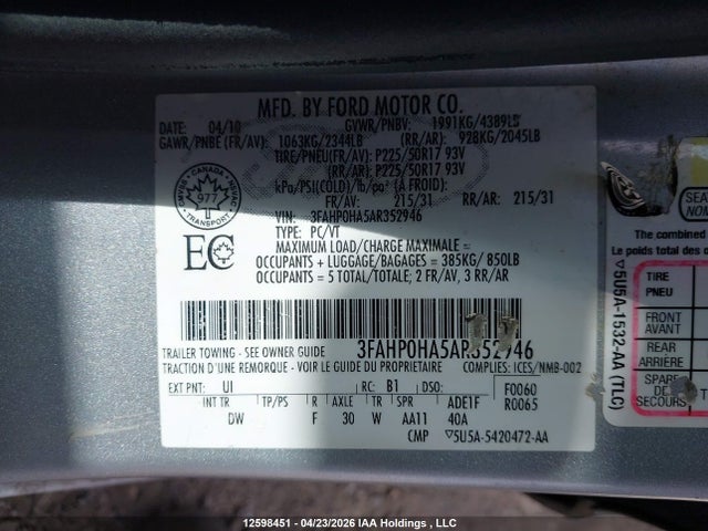 Продажа на аукционе авто 2010 Ford Fusion Se, vin: 3FAHP0HA5AR352946, номер лота: 12598451