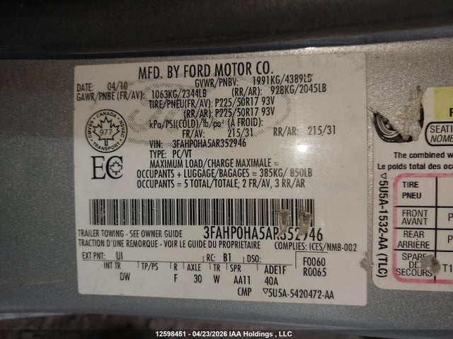 Продажа на аукционе авто 2010 Ford Fusion Se, vin: 3FAHP0HA5AR352946, номер лота: 12598451