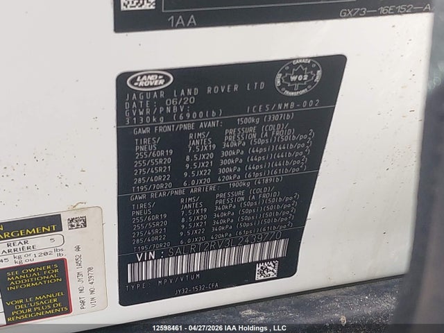 Aukcja sprzedaży 2020 Land Rover Discovery Hse Luxury, vin: SALRT2RV3L2439770, numer aukcji: 12598461