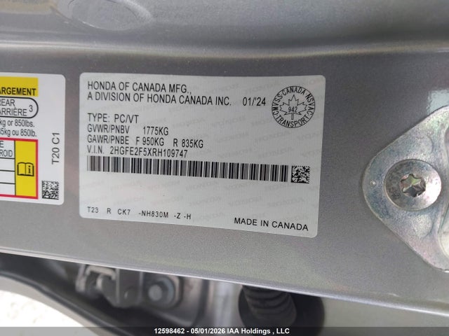 2024 Honda Civic Sport მანქანა იყიდება აუქციონზე, vin: 2HGFE2F5XRH109747, აუქციონის ნომერი: 12598462