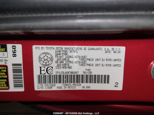 12598467 :رقم المزاد ، 3TYLC5LN2RT002887 vin ، 2024 Toyota Tacoma Hybrid مزاد بيع