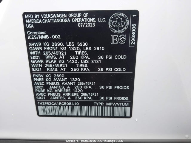 Продажа на аукционе авто 2024 Volkswagen Atlas Sel Premium R-line, vin: 1V2FR2CA1RC508410, номер лота: 12598475