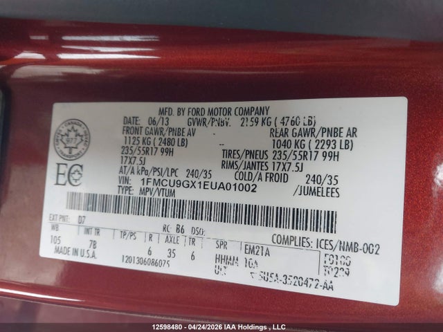 Продажа на аукционе авто 2014 Ford Escape Se, vin: 1FMCU9GX1EUA01002, номер лота: 12598480