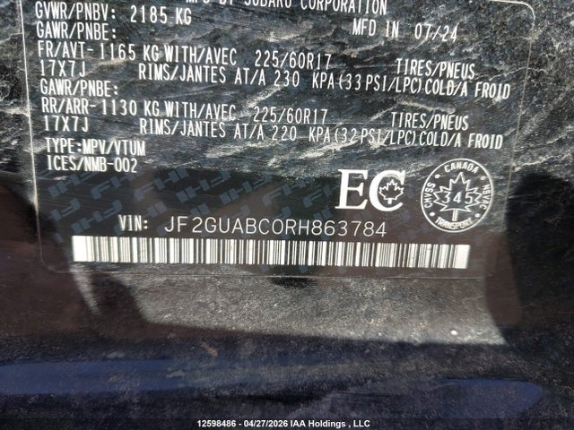12598486 :رقم المزاد ، JF2GUABC0RH863784 vin ، 2024 Subaru Crosstrek مزاد بيع