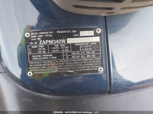 12598488 :رقم المزاد ، ZAPM340W065001602 vin ، 2006 Piaggio Bv 500 مزاد بيع