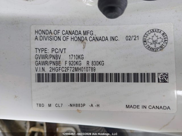 2021 Honda Civic Ex 4dr მანქანა იყიდება აუქციონზე, vin: 2HGFC2F72MH010789, აუქციონის ნომერი: 12598492