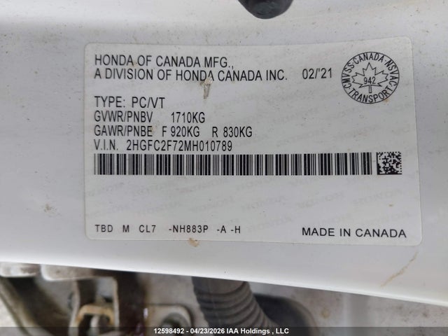 2021 Honda Civic Ex 4dr მანქანა იყიდება აუქციონზე, vin: 2HGFC2F72MH010789, აუქციონის ნომერი: 12598492