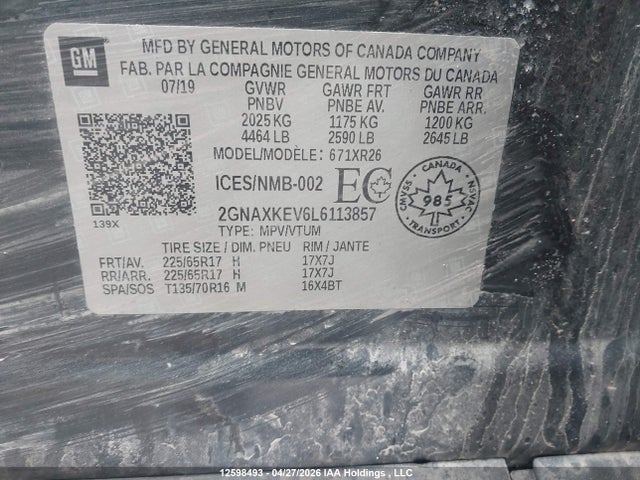 Продаж на аукціоні авто 2020 Chevrolet Equinox Lt, vin: 2GNAXKEV6L6113857, номер лоту: 12598493