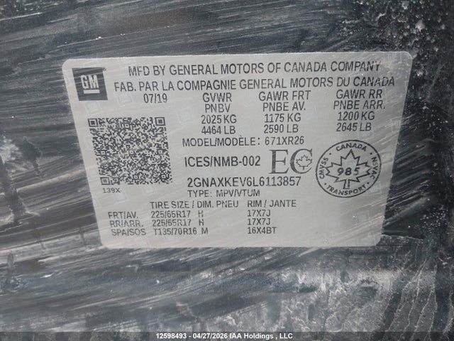 Продаж на аукціоні авто 2020 Chevrolet Equinox Lt, vin: 2GNAXKEV6L6113857, номер лоту: 12598493
