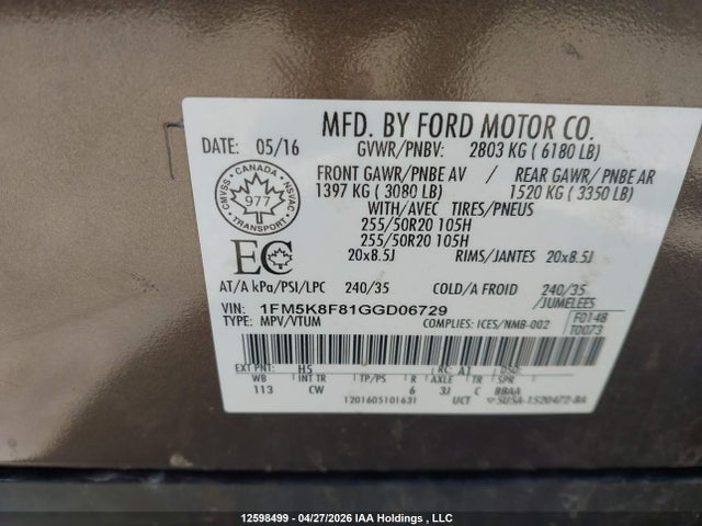 Продажа на аукционе авто 2016 Ford Explorer Limited, vin: 1FM5K8F81GGD06729, номер лота: 12598499