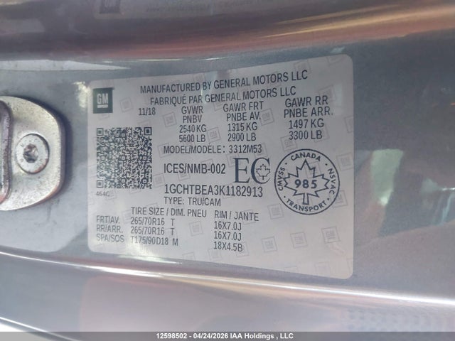 2019 Chevrolet Colorado მანქანა იყიდება აუქციონზე, vin: 1GCHTBEA3K1182913, აუქციონის ნომერი: 12598502