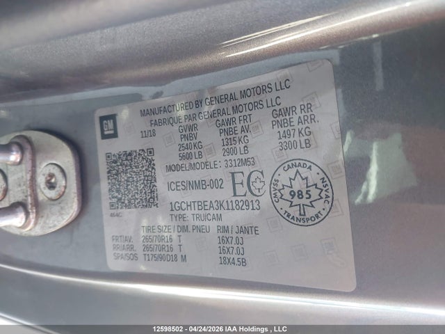 2019 Chevrolet Colorado მანქანა იყიდება აუქციონზე, vin: 1GCHTBEA3K1182913, აუქციონის ნომერი: 12598502