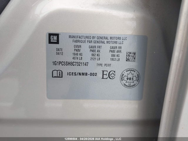 2012 Chevrolet Cruze მანქანა იყიდება აუქციონზე, vin: 1G1PC5SH8C7321147, აუქციონის ნომერი: 12598504