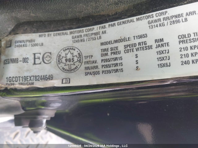 2007 Chevrolet Colorado მანქანა იყიდება აუქციონზე, vin: 1GCDT19EX78244649, აუქციონის ნომერი: 12598506