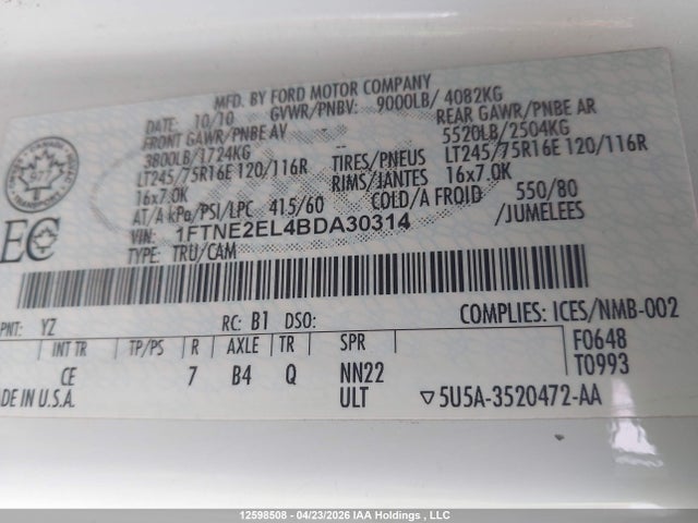 2011 Ford Econoline E250 Van მანქანა იყიდება აუქციონზე, vin: 1FTNE2EL4BDA30314, აუქციონის ნომერი: 12598508