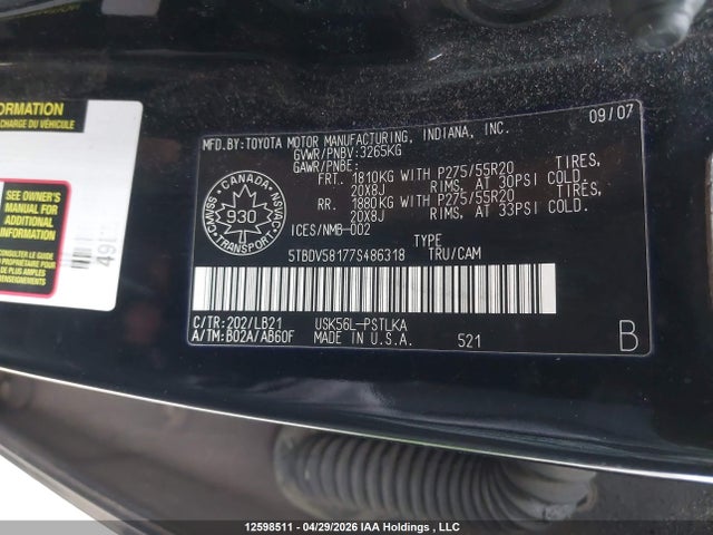 12598511 :رقم المزاد ، 5TBDV58177S486318 vin ، 2007 Toyota Tundra Limited 5.7l V8 مزاد بيع