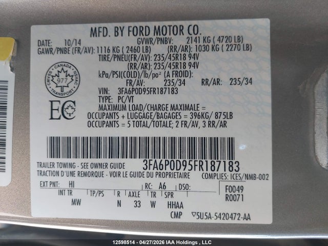 12598514 :رقم المزاد ، 3FA6P0D95FR187183 vin ، 2015 Ford Fusion Titanium مزاد بيع