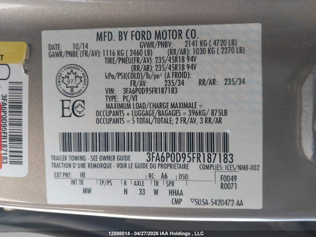 12598514 :رقم المزاد ، 3FA6P0D95FR187183 vin ، 2015 Ford Fusion Titanium مزاد بيع