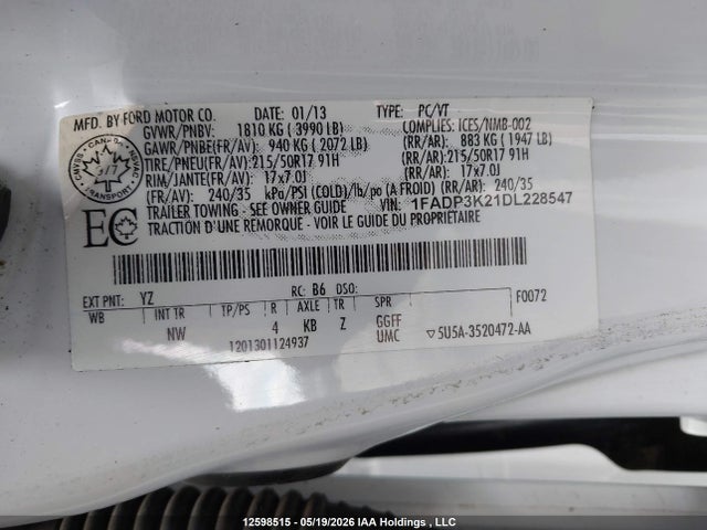2013 Ford Focus Se მანქანა იყიდება აუქციონზე, vin: 1FADP3K21DL228547, აუქციონის ნომერი: 12598515