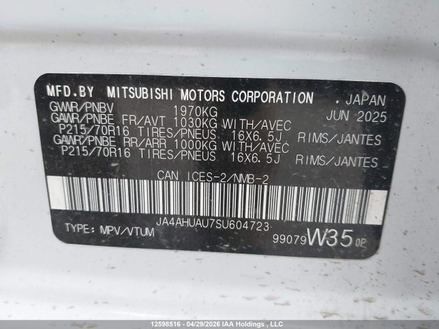 12598516 :رقم المزاد ، JA4AHUAU7SU604723 vin ، 2025 Mitsubishi Rvr Es مزاد بيع