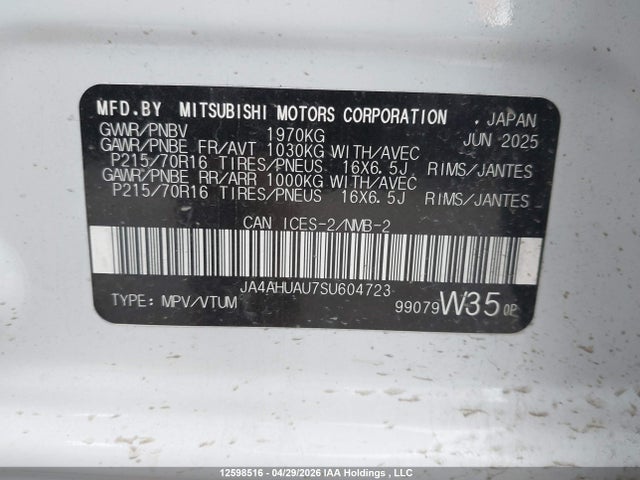 12598516 :رقم المزاد ، JA4AHUAU7SU604723 vin ، 2025 Mitsubishi Rvr Es مزاد بيع
