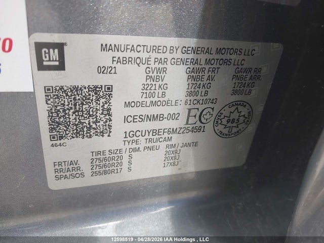 2021 Chevrolet Silverado 1500 მანქანა იყიდება აუქციონზე, vin: 1GCUYBEF6MZ254591, აუქციონის ნომერი: 12598519