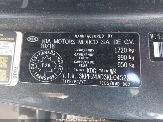 Aukcja sprzedaży 2019 Kia Forte Fe/lx/lxs, vin: 3KPF24AD3KE045229, numer aukcji: 12598520