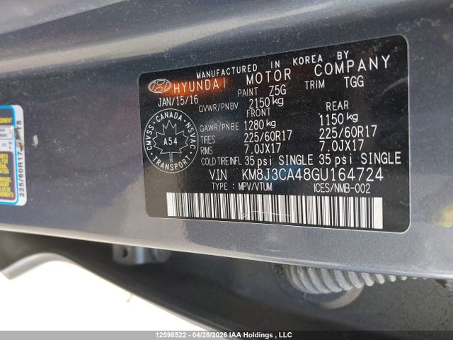 Продаж на аукціоні авто 2016 Hyundai Tucson, vin: KM8J3CA48GU164724, номер лоту: 12598522