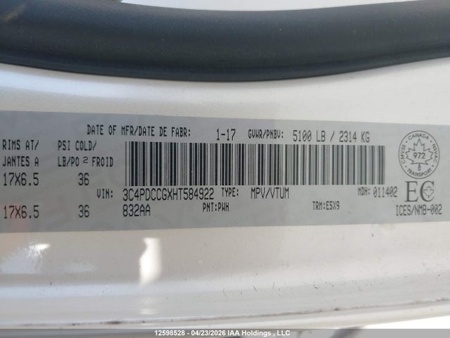 Продаж на аукціоні авто 2017 Dodge Journey Sxt/limited, vin: 3C4PDCCGXHT584922, номер лоту: 12598528