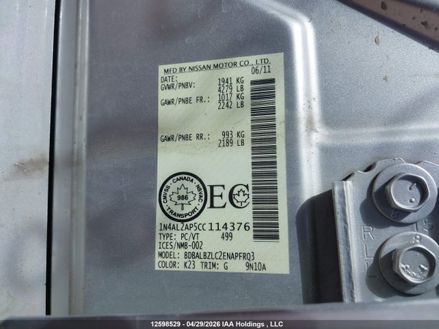 12598529 :رقم المزاد ، 1N4AL2AP5CC114376 vin ، 2012 Nissan Altima 2.5 S مزاد بيع