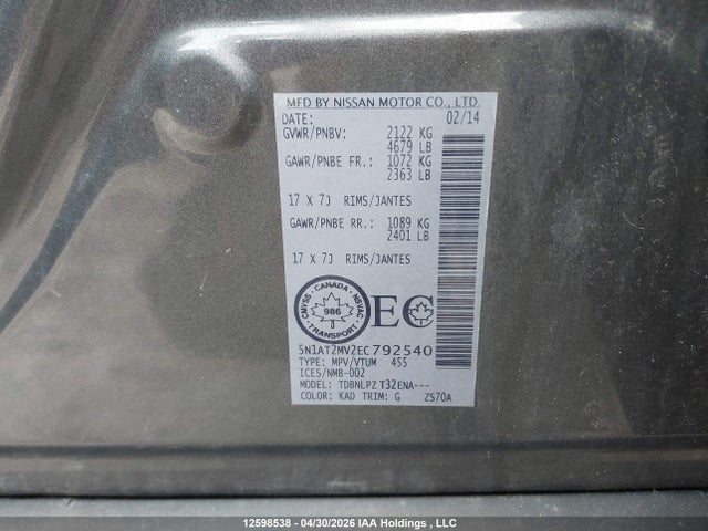 12598538 :رقم المزاد ، 5N1AT2MV2EC792540 vin ، 2014 Nissan Rogue S/sl/sv مزاد بيع