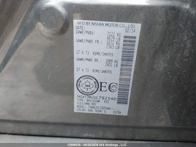12598538 :رقم المزاد ، 5N1AT2MV2EC792540 vin ، 2014 Nissan Rogue S/sl/sv مزاد بيع