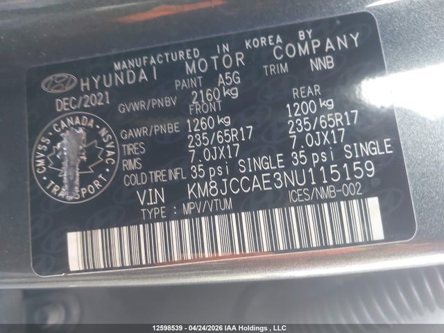 Продаж на аукціоні авто 2022 Hyundai Tucson Preferred Awd With Trend Package, vin: KM8JCCAE3NU115159, номер лоту: 12598539