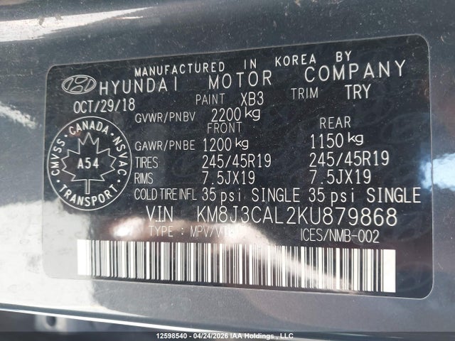 2019 Hyundai Tucson Limited/sel/sport/ultimate/value/night მანქანა იყიდება აუქციონზე, vin: KM8J3CAL2KU879868, აუქციონის ნომერი: 12598540
