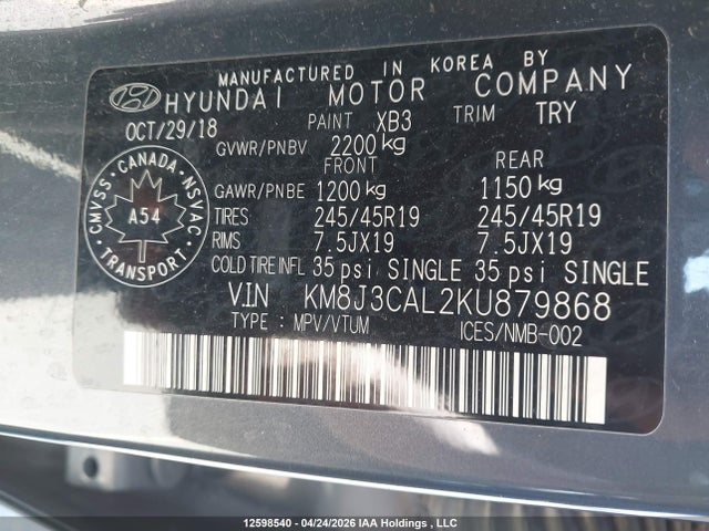 2019 Hyundai Tucson Limited/sel/sport/ultimate/value/night მანქანა იყიდება აუქციონზე, vin: KM8J3CAL2KU879868, აუქციონის ნომერი: 12598540