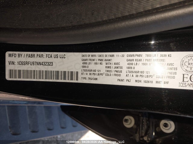 2022 Ram 1500 Trx მანქანა იყიდება აუქციონზე, vin: 1C6SRFU97NN432323, აუქციონის ნომერი: 12598546