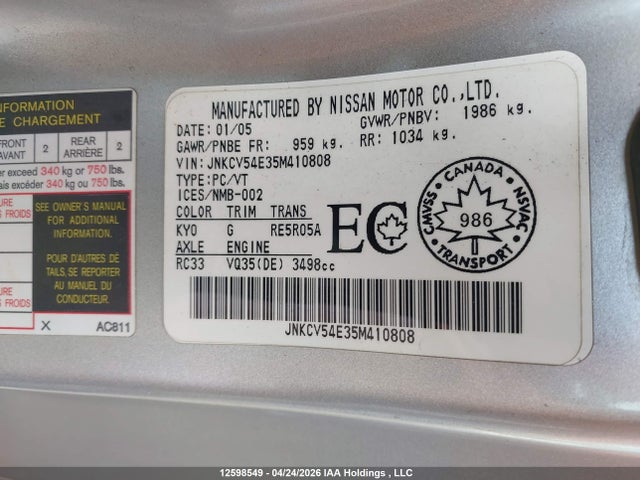 Aukcja sprzedaży 2005 Infiniti G35, vin: JNKCV54E35M410808, numer aukcji: 12598549