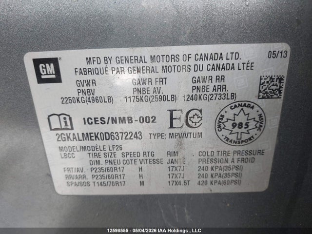Aukcja sprzedaży 2013 Gmc Terrain Sle-1, vin: 2GKALMEK0D6372243, numer aukcji: 12598555