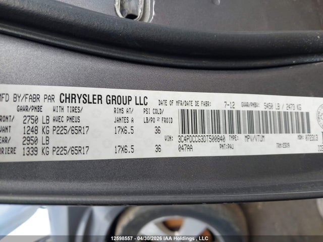 12598557 :رقم المزاد ، 3C4PDCCG3DT500840 vin ، 2013 Dodge Journey Sxt مزاد بيع
