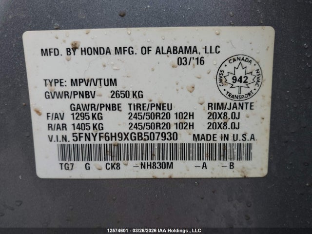 5FNYF6H9XGB507930 Honda Pilot Touring