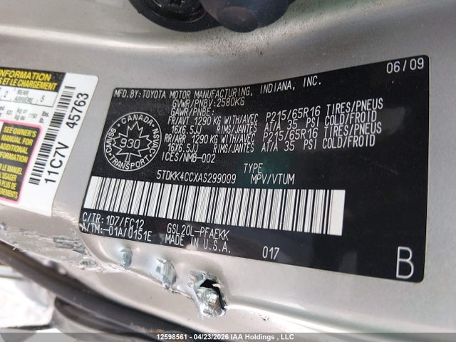 Продаж на аукціоні авто 2010 Toyota Sienna Ce/le, vin: 5TDKK4CCXAS299009, номер лоту: 12598561