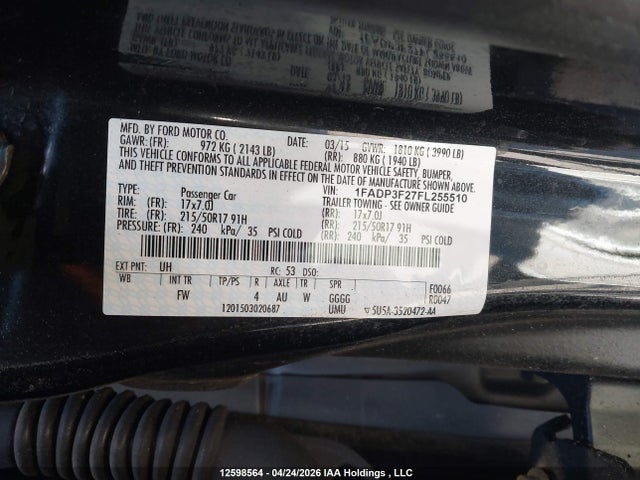2015 Ford Focus Se მანქანა იყიდება აუქციონზე, vin: 1FADP3F27FL255510, აუქციონის ნომერი: 12598564