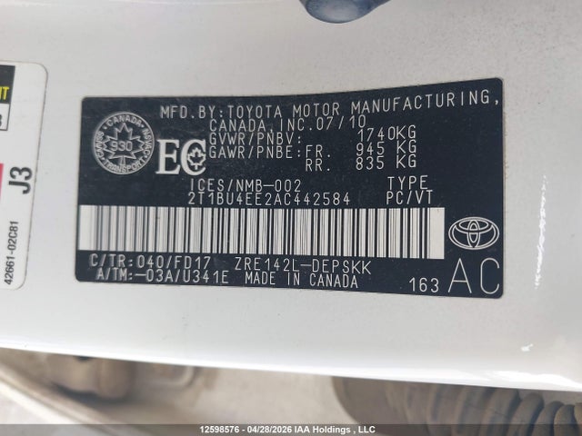 2010 Toyota Corolla S/le/xle მანქანა იყიდება აუქციონზე, vin: 2T1BU4EE2AC442584, აუქციონის ნომერი: 12598576