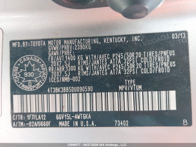 2013 Toyota Venza Base V6 მანქანა იყიდება აუქციონზე, vin: 4T3BK3BB5DU090590, აუქციონის ნომერი: 12598577